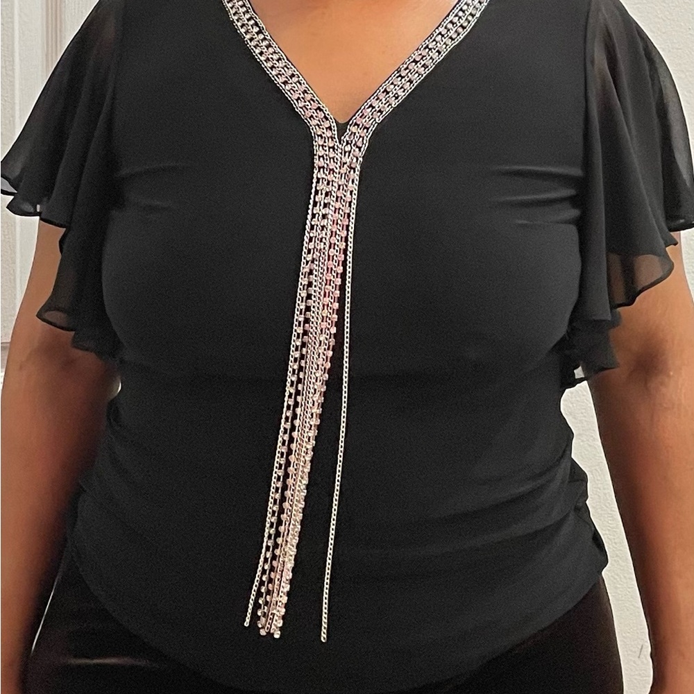 Chic Black V-Neck Blouse with Embellished Detail